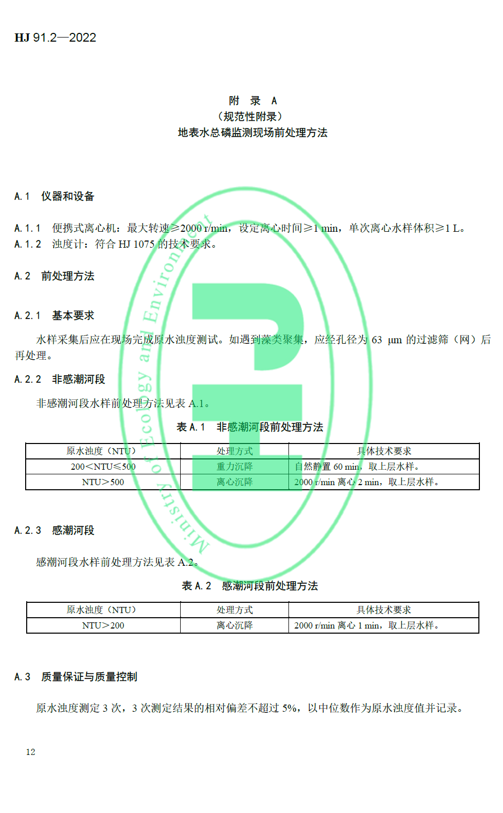 地表水环境质量技术规范附录A